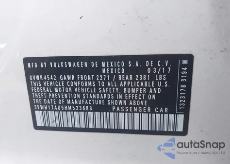 2017 Volkswagen Golf Alltrack Tsi S/Tsi Se/Tsi Sel из США, поврежденный, VIN 3VWH17AU9HM533688